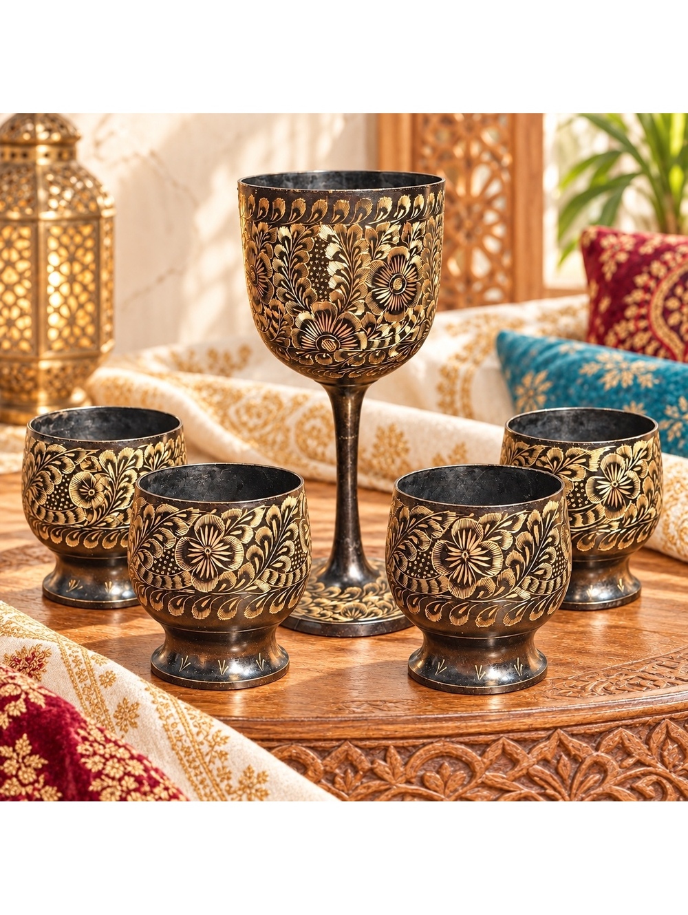Vintage Indian Blackened Brass Chalice & 4 Cups Engraved 5-Piece Set